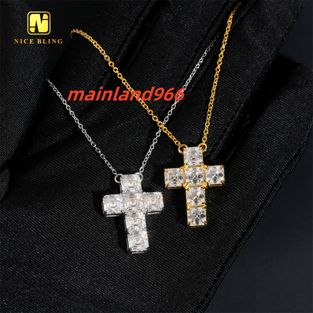 Classic Asscher Cut Women Link Chain Iced Out 925 Sterling Silver VVS Moissanite Diamond Women Jewelry Cross Pendant Necklace