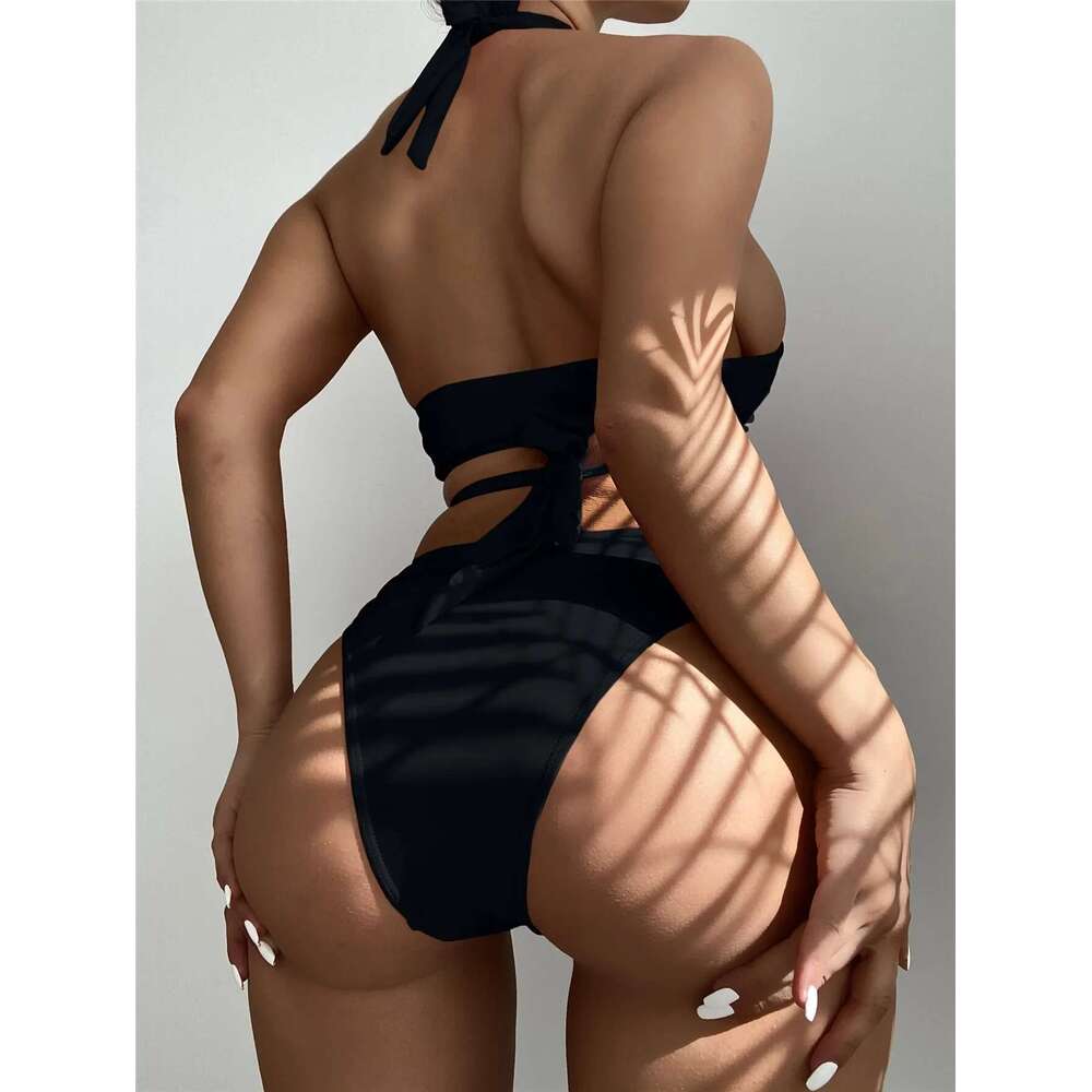 Sexy Neck Cross Bikini Set 2023 Women Solid White Black Push Up Hollow Out Swimsuit Summer Bathing Suit High Waist Swimwear