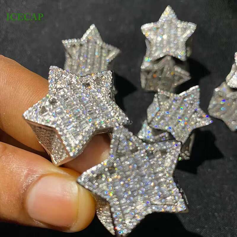 Full VVS Moissanite Hip Hop Baguette Cut Diamond 925 Silver Star Ring Men Women Luxury Party Jewelry
