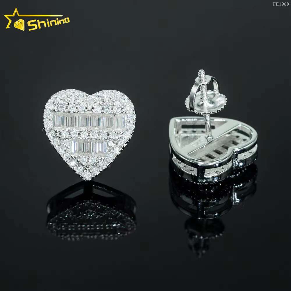 Ready to Ship Hiphop Jewelry 925 Sterling Silver Iced Out baguette Moissanite Diamond Stud Screw Back Earrings for Men