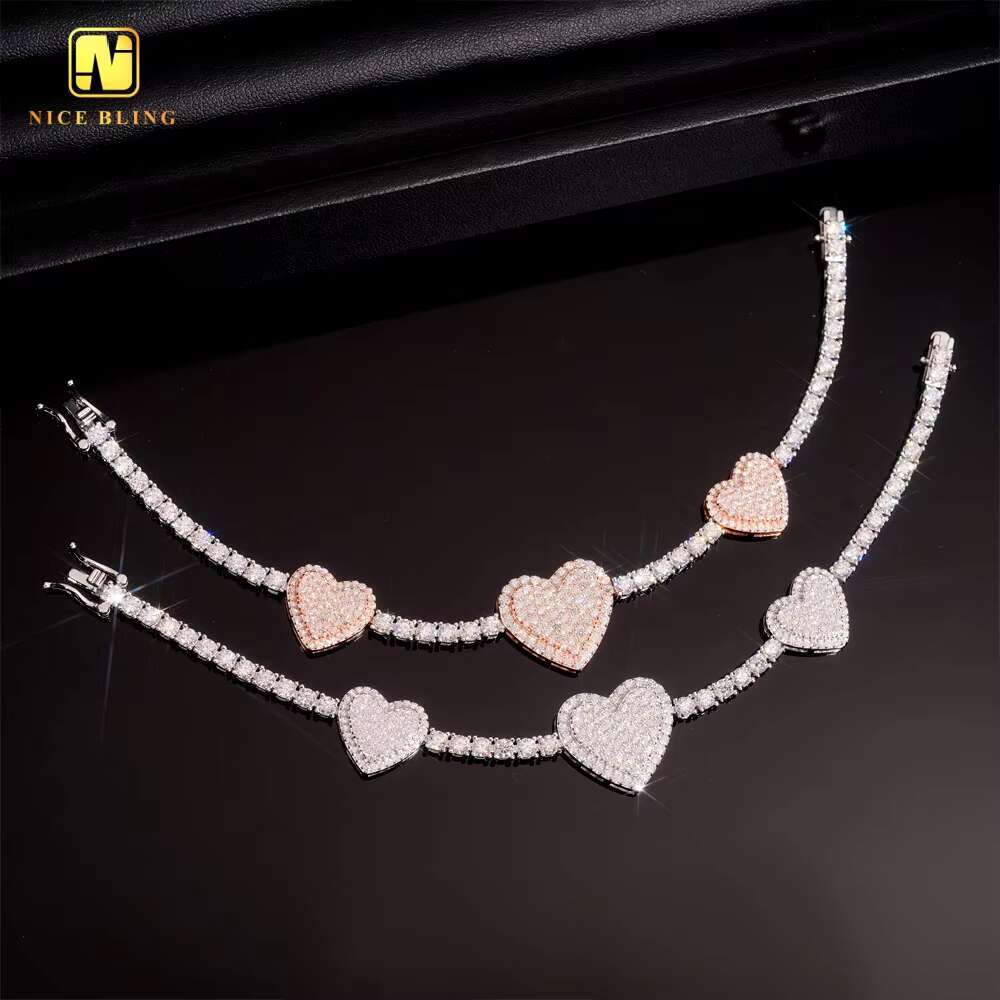 Fine Hip Hop Jewelry GRA Certificate Iced Out Custom 3mm White VVS Moissanite Heart Tennis Chain 925 Silver Link Chain Bracelet