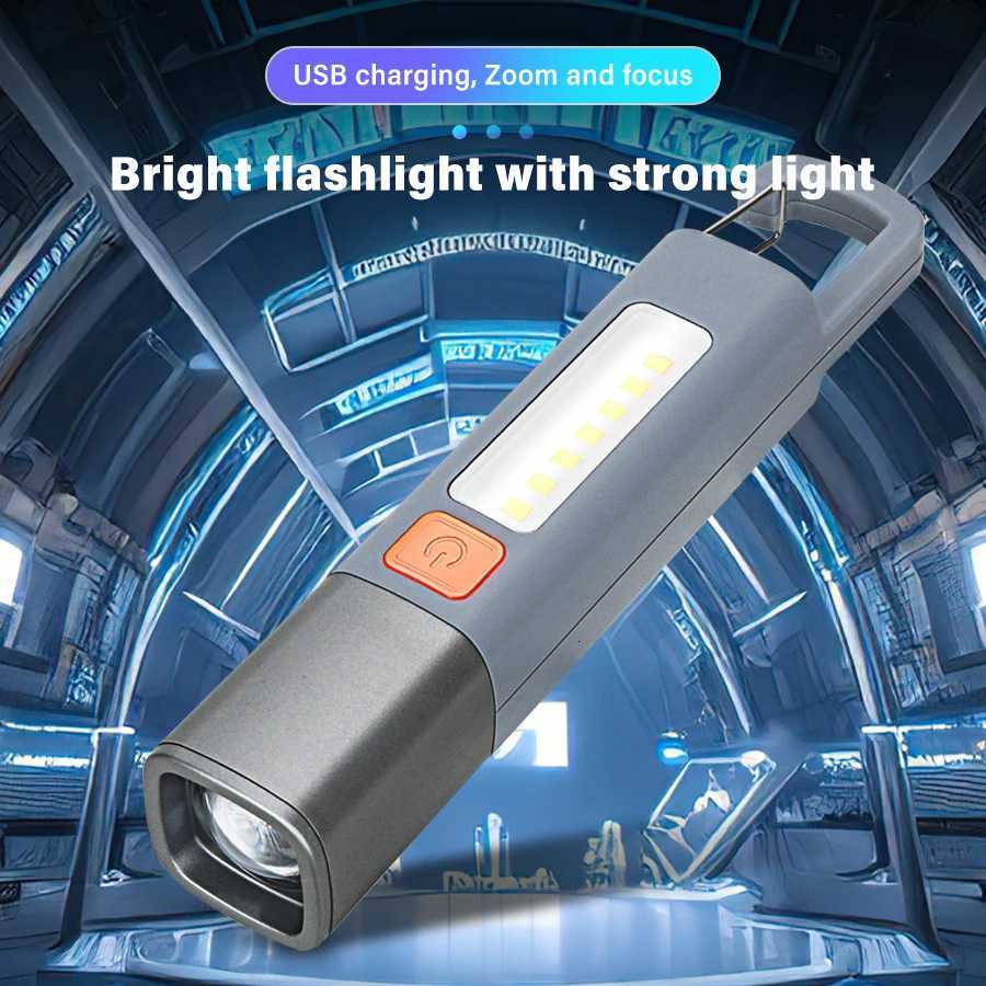 Mini Portable LED Flashlight USB Rechargeable With Hook Zoomable Torch Outdoor Camping Hiking Long-range Emergency LanternW251106