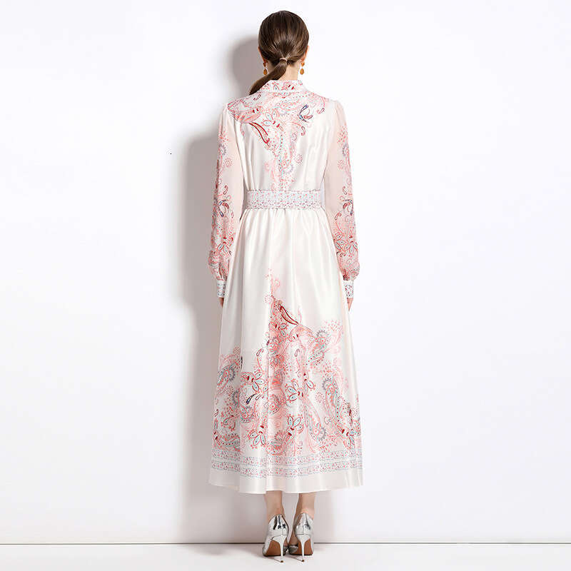 Cross-Border New Fashion In Stock Niche Design Women's Vintage Print Cardigan Single-Breasted Dress