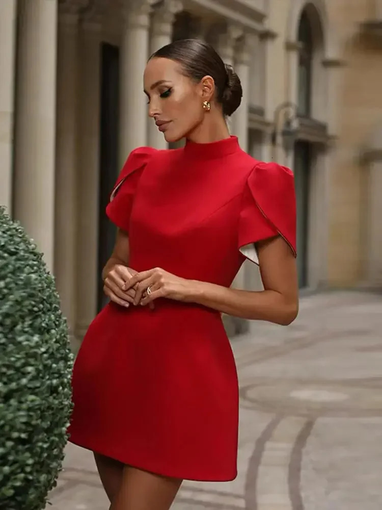 Hallow Out Bow Mini Dress Red Turtle Neck Weight Loss Pad Shoulders Womens High Waist A-Line Dress Socialite Street Evening Dress 250402