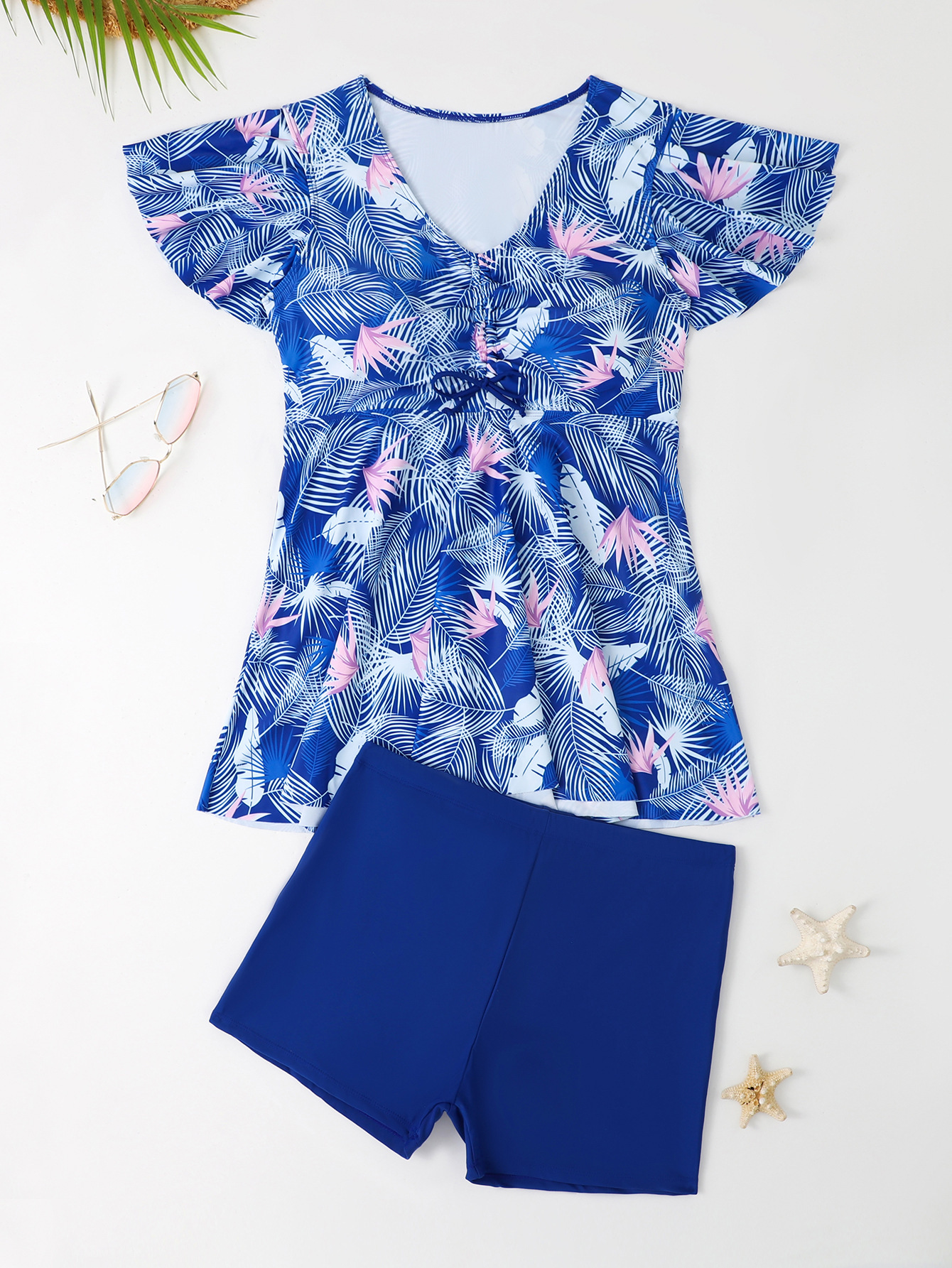 Large Fat Granny Digital Printed Short Sleeve Skirt Set with Independent Flat Corner Shorts for bikini Women's Swimwear