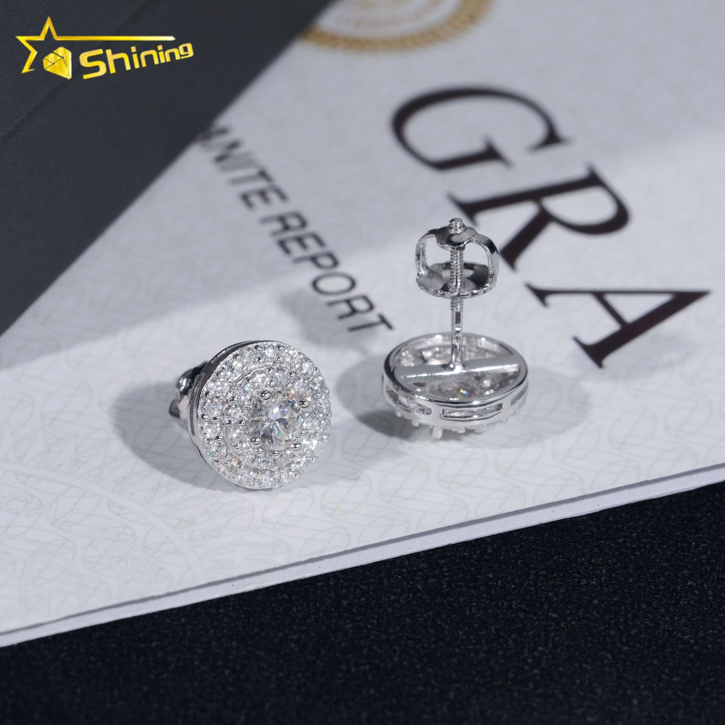 Pass Dia Tester Sterling Sier Round Cluster Iced Out Mens Moissanite Stud Earrings