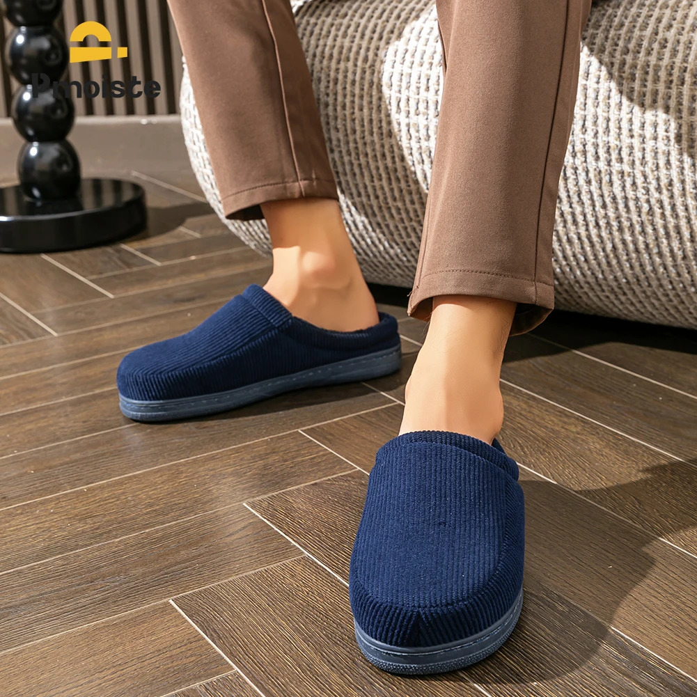 Pmoiste Stripe Corduroy House Shoes Men Warm Soft TPR Cushion Memory Foam Home Slippers Slip On Winter Indoor High-quality 251106