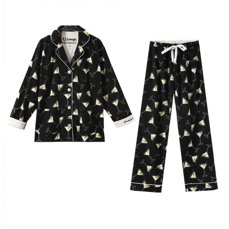 Custom New Pure Cotton 2 Piece Set Pajamas Women Print Cartoon Nightwear Long Sleeve Trousers Set Autumn Loungewear Home Clothes pjs suit
