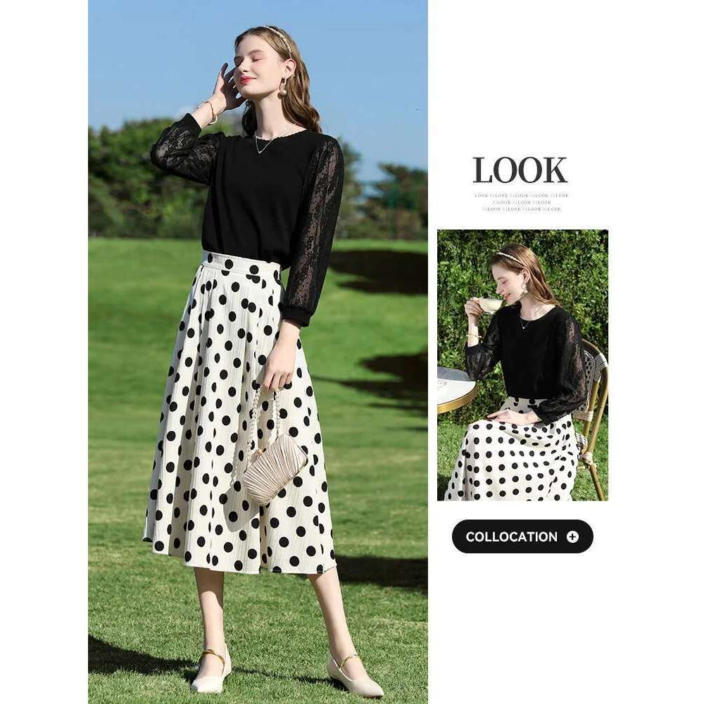 Retro High A-E Polka Dot 2025 Spring Back Elastic Waist Midi Pockets Elegant Skirt