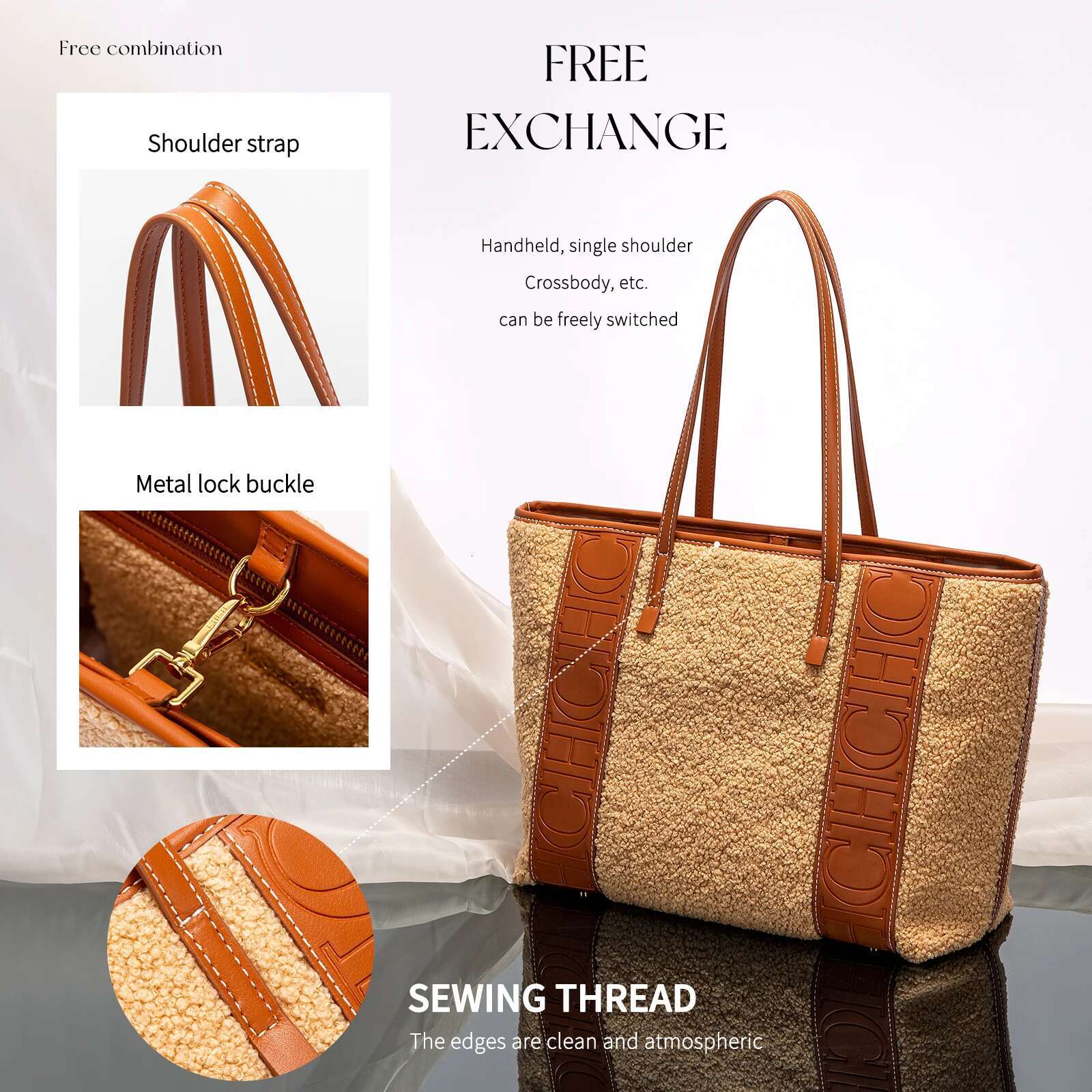 CHCH Women's Tote Winter New Lamb Fleece Large Capacity Handbag Simple Brown Leisure Travel Bag