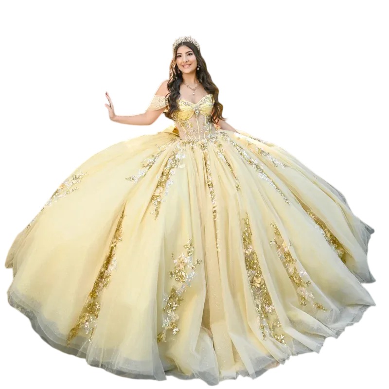 Yellow Shiny Princess Sweet 16 Dress Quinceanera Dresses Sequin Applique Lace Beading Corset Tull Party Birthday Vestidos 15 Anos N06 B0312