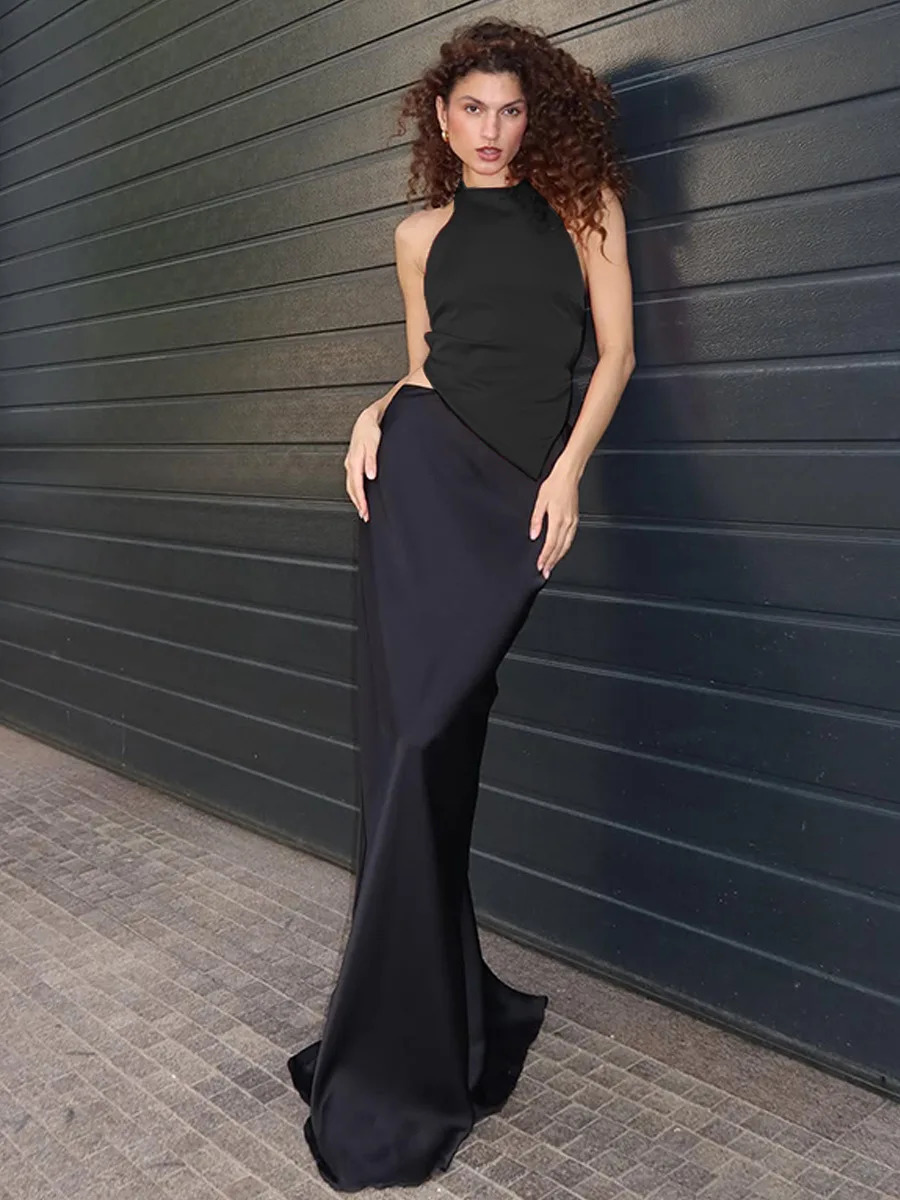 Solid color halterneck bandeau top long skirt Europe and the United States summer shoots sexy backless womens clothing 250402