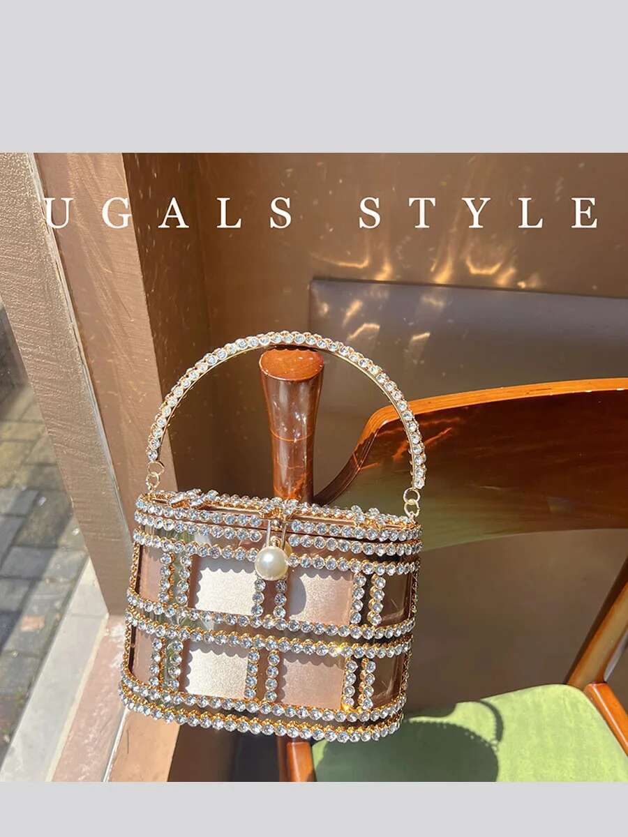 Hollow Out Evening Bucket Metal Cage Crystal Shiny Rhie Dia Wedding Party Clutch Purse Messenger Bag