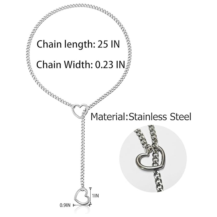 Heart Slip Chain Necklace for Women Men Stainless Steel Adjustable O-Ring Lariat Cuban Collar Choker Necklace Jewelry Punk Rock Gothic Y-Necklace Red 