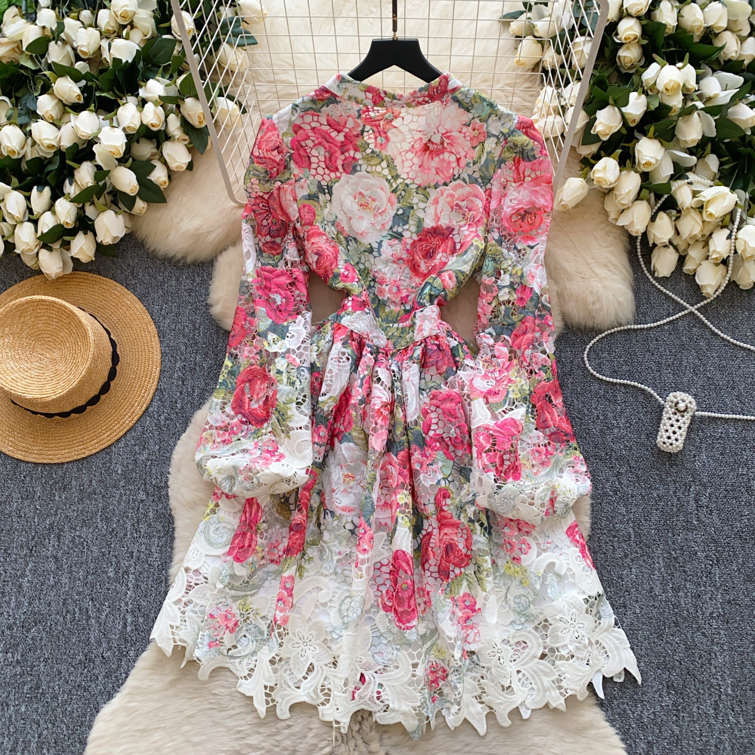 Casual Dresses Summer Spring Holiday Crochet Lace Embroidery Hollow Out Floral Print Mini Dress Women's V-Neck Long Lantern Sleeve Lace Up Clothi