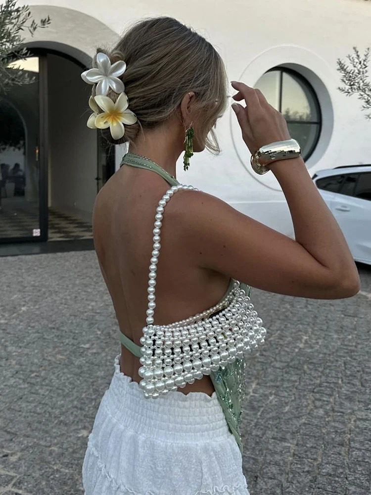 Taruxy womens sexy backless sequin top deep V-neck dragged summer beach vacation T-shirt womens mesh embroidery Ins tank 250403