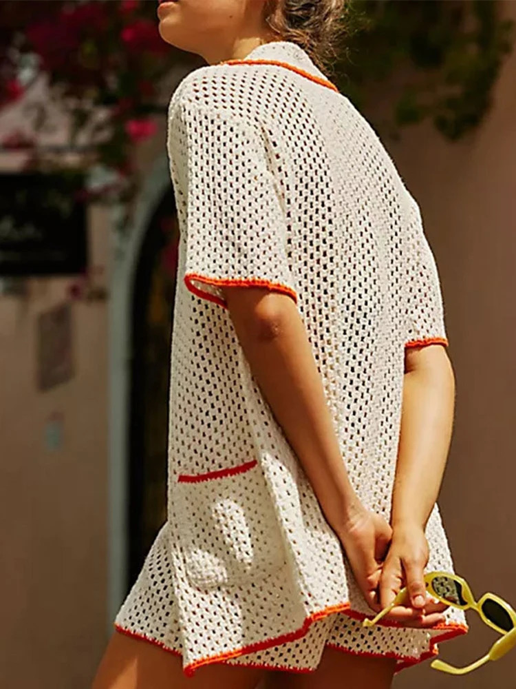 Hollow knit jacket shorts set womens half sleeved lace lapel button contrasting color cardigan shorts holiday set fashionable 250402