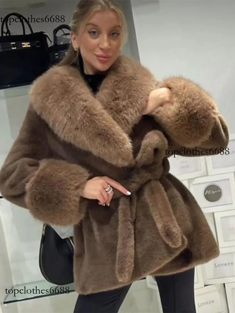 Chic Women Faux Furs Collar Long Sleeve Oversize With Belt Female Fur Jackets 2024 Winter Fashion Lady Coats