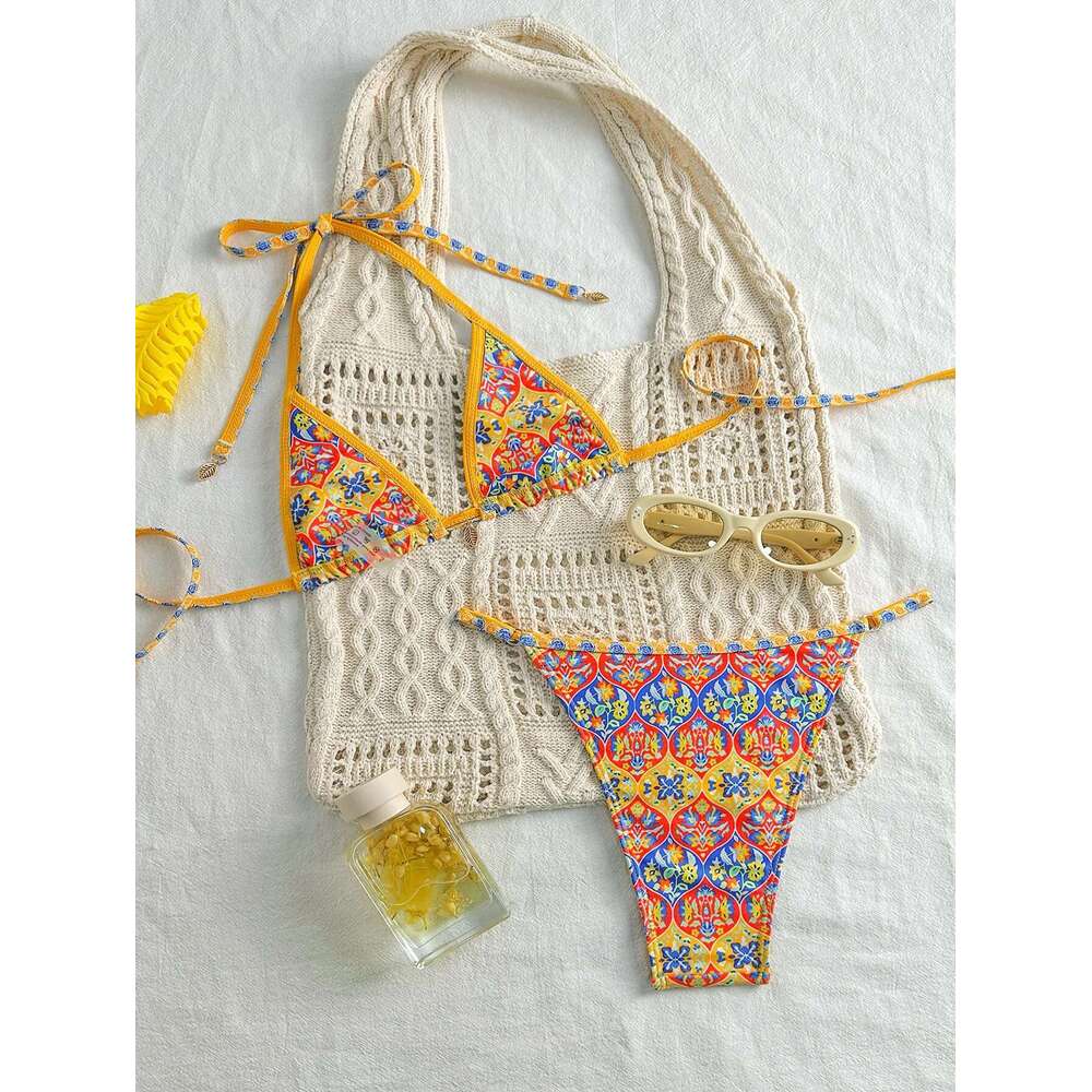 Women Yellow Bikini Set Retro Print 2 Piece Swimsuit 2025 New Triangle Halter Backless Thong Beach Swimwear Bathing Suit