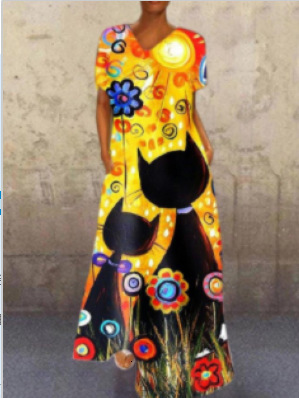 2025 New Dress Portrait Cat Print V-neck Four Sided Elastic Long Dress