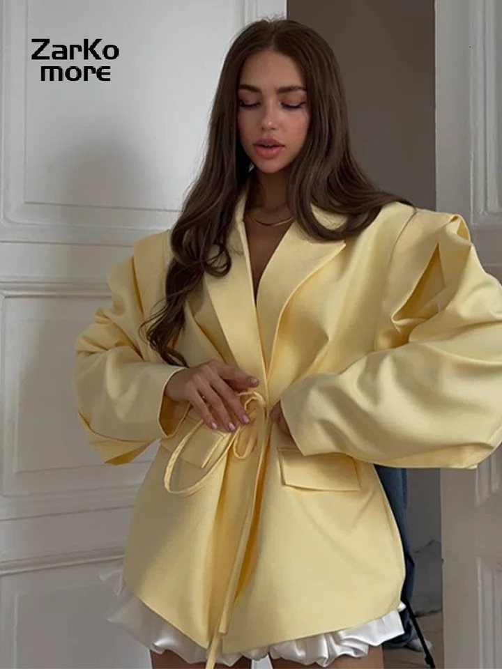 Elegant Grey Lace Up Womens Blazer Button Long Sleeve Lapel Suit Jackets Autumn Lady Loose Casual Outwear 251106