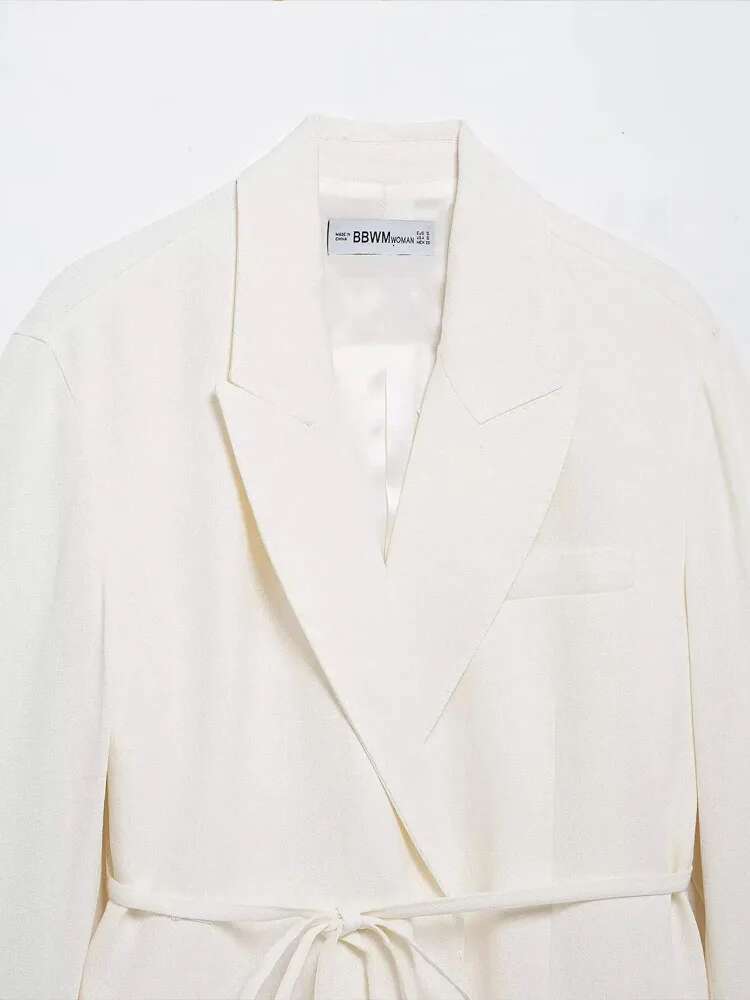 Women's Suits White Turn-Down Collar Sleeves Lace-Up Blazers+High Waist Zipper Long Pants Female Spring Fashion Sets