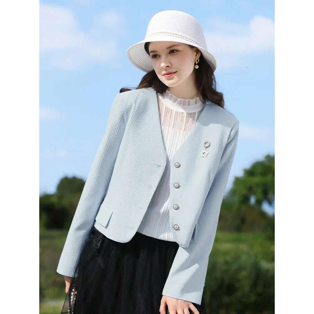 Blazers Short Coat For Women Autumn New Blue French Tweed Waffle V-Neck Fashion Gentle Chic Jacket