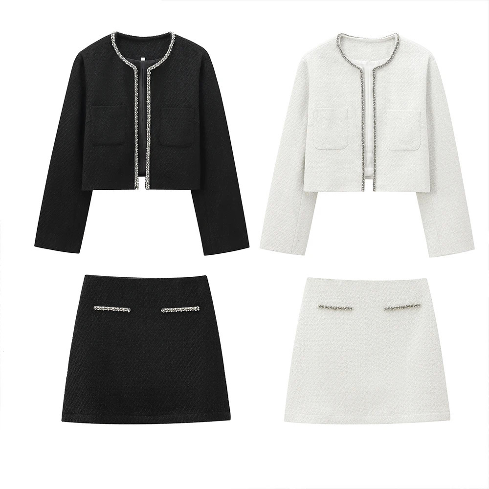 Office Womens Black and White Round Neck Long Sleeve Sewing Short Coat Mini Weaving Set ZATAF Edition 250403