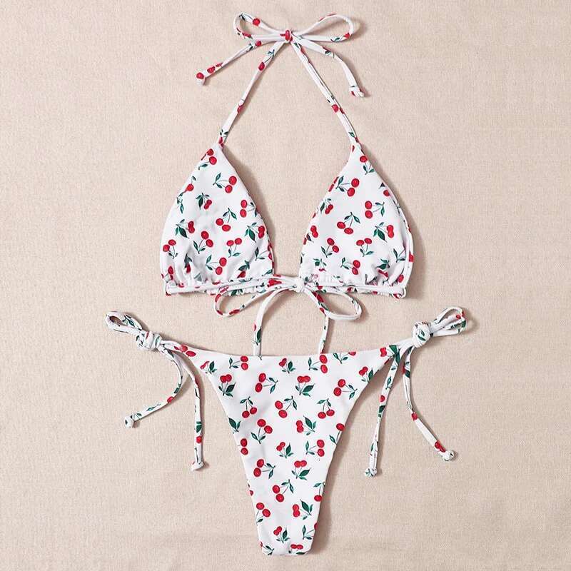 Cute Cherry Print Swimsuit Women 2023 Low Waist Thong 2-Piece Bikini V-neck Suspender Halter Bathing Suit Summer Beach Swimwear