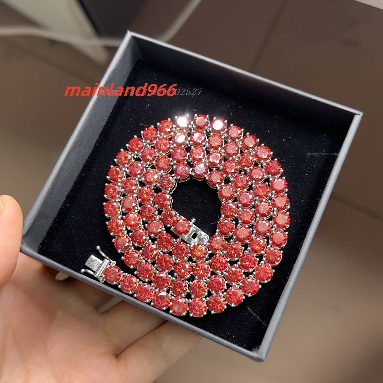 Fine Jewelry 925 Sterling Silver Iced Out Lab Created Colorful VVS Red Moissanite Diamond Cluster Tennis Chain