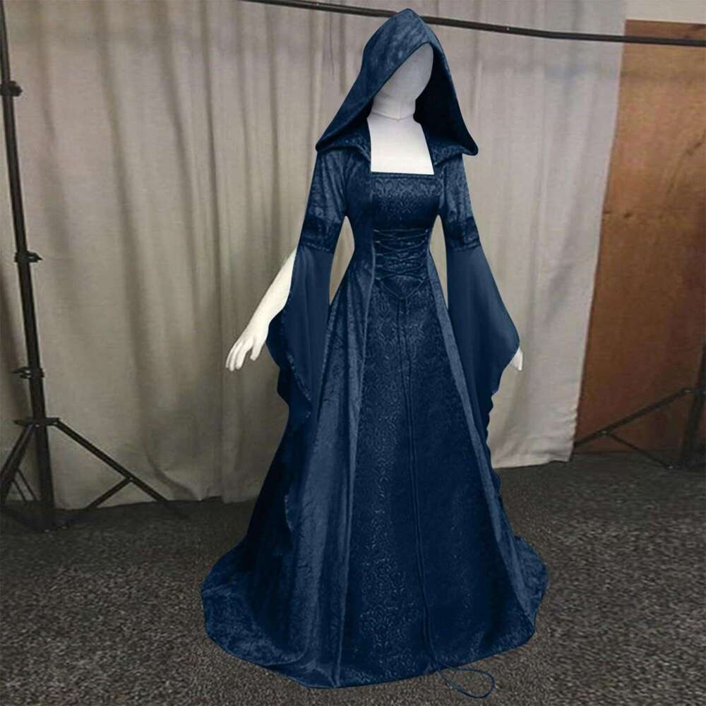 Cross-Border Women's Costume Medieval Retro Style Wedding 8 Colors Hooded Waist Dress Cosplay Halloween