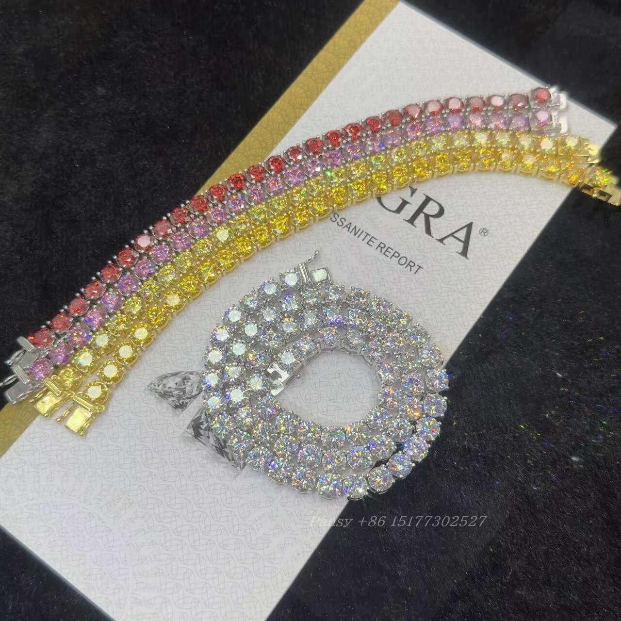 Fine Jewelry 925 Sterling Silver Iced Out Lab Created Colorful VVS Red Moissanite Diamond Cluster Tennis Chain