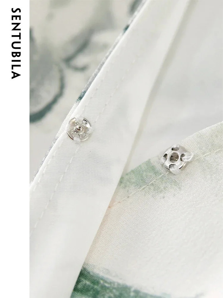 SENTUBILA Womens 100% Mulberry Silk Printed Dress Summer Elegant V-neck Lantern Sleeve Beach Midi Dress 132L50179 250401