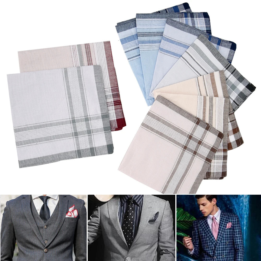10Pcs Cotton Handkerchiefs Soft Stripe Checkered Pattern Pocket Square Hankies Gentleman for Men Cotton Wedding Suit Handkerchie 250403