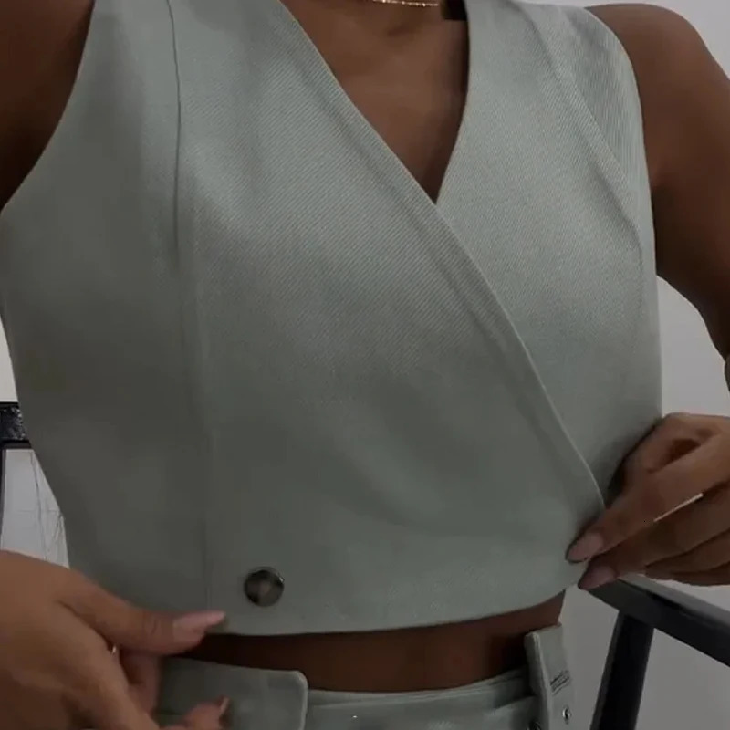 Wefads Womens 2piece Summer Fashion Solid Vneck Sleeveless Double breasted Button Top with Belt Straight Pants Set 250403