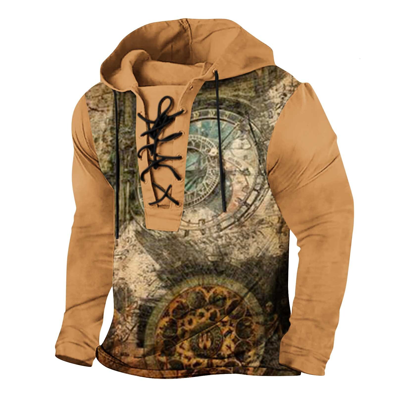 2025 Winter Mens Digital Printed Strap Up Large Hooded Long Sleeve T-shirt Mens Wear