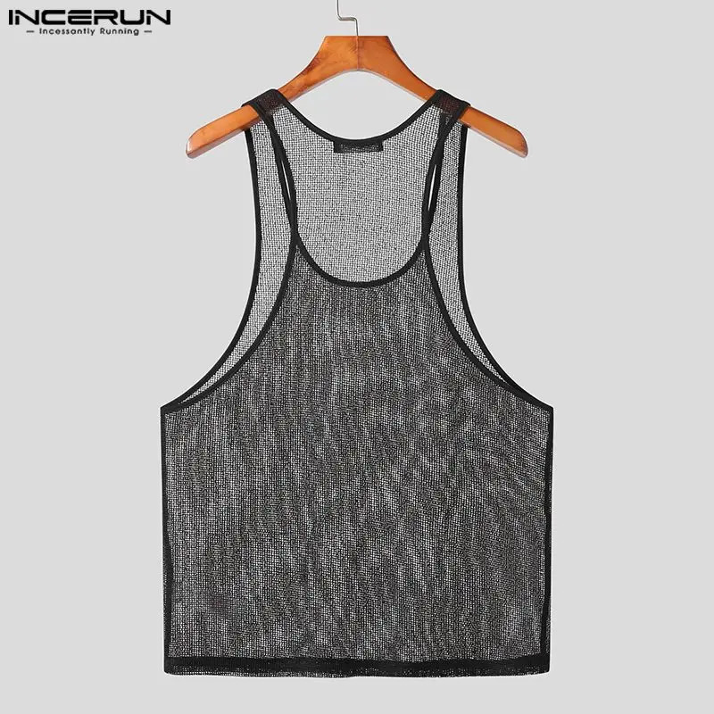 INCERUN Mens Tank Top Mesh Transparent O-Neck Sleeveless Sexy Street Vest Summer Breathable Mens Clothing S-5XL 250403