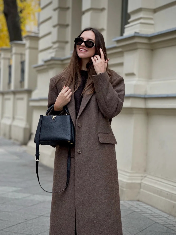 Brown Shoulder Pad Wool Blend Overcoat Women Elegant Lapel Singlebreasted Long Sleeve Coat Autumn Lady Outerwear 251028