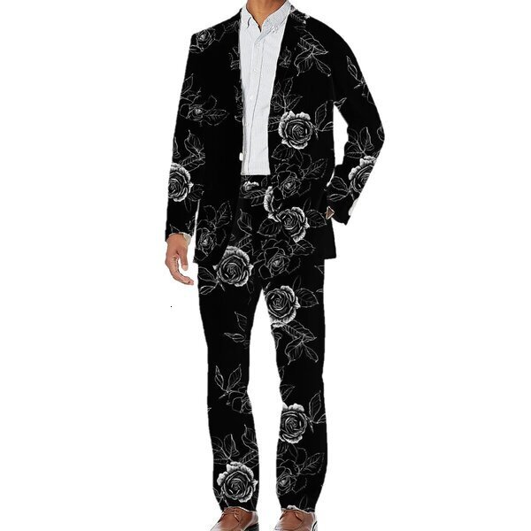 Mens digital printed casual one button suit set top and pants
