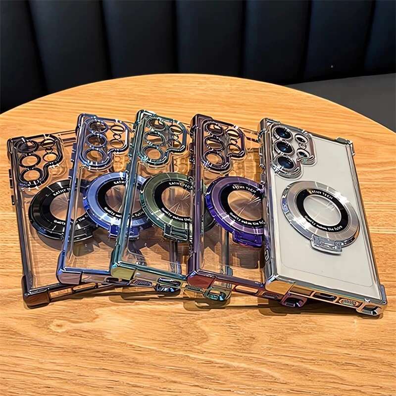 Magnetic Plating Stand Shockproof Clear Case For Samsung Galaxy S25 S24 Ultra S23 S22 Note 20 10 Plus Acrylic Back Cover
