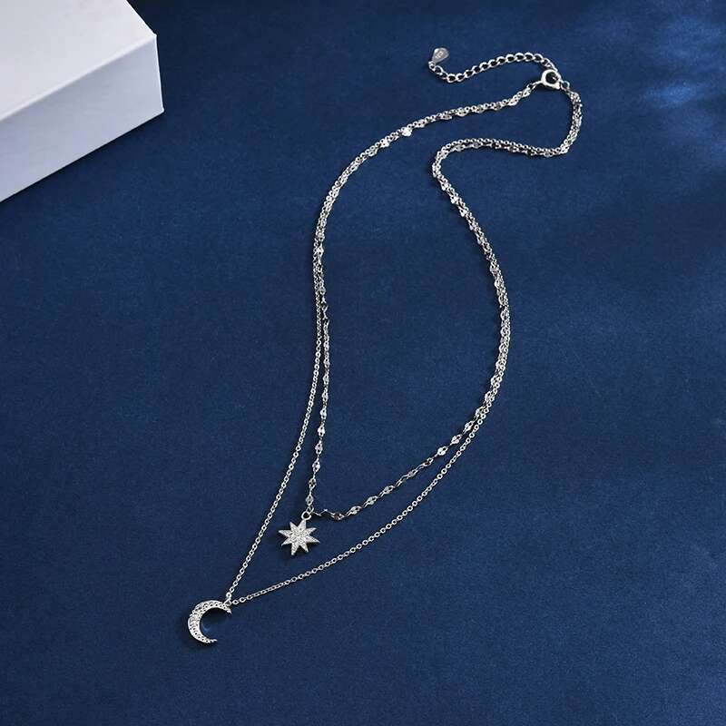 Hot S Sier Double Star Chain Layer Moon Clavicle Necklace Female Fashion Hip-hop Retro Unique Design Wedding Fine Jewelry