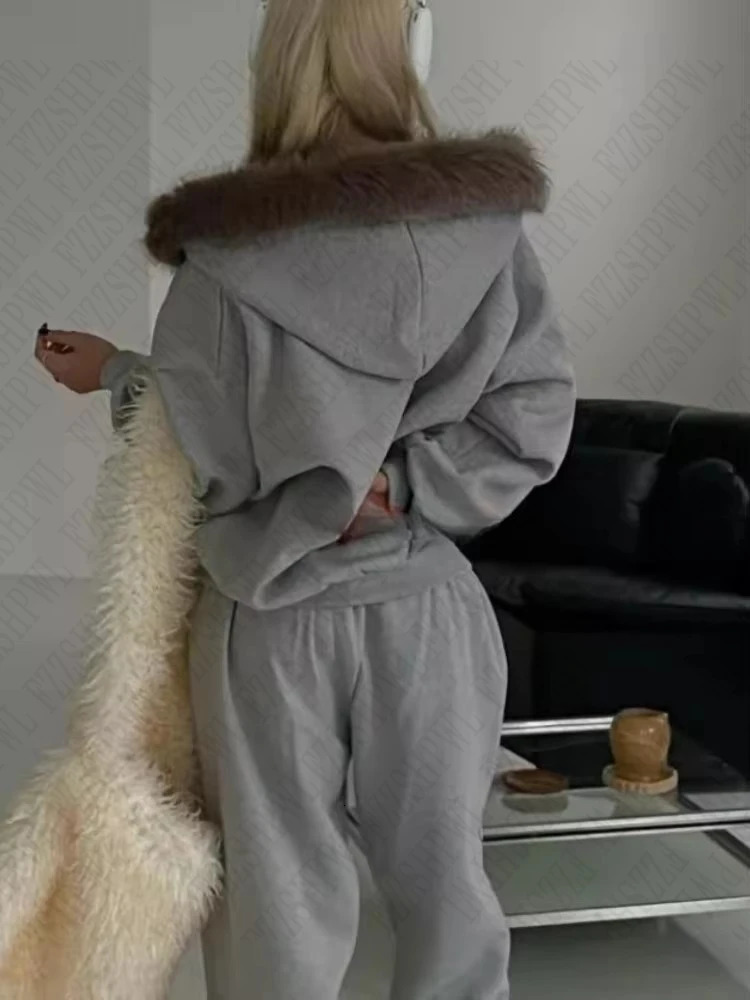 Y2K Harajuku Aesthetic Womens Winter Fur Collar Hoodie Chic Long Sleeve Open Knitted Woolen Sweater Oversized Rock Street Top 250403