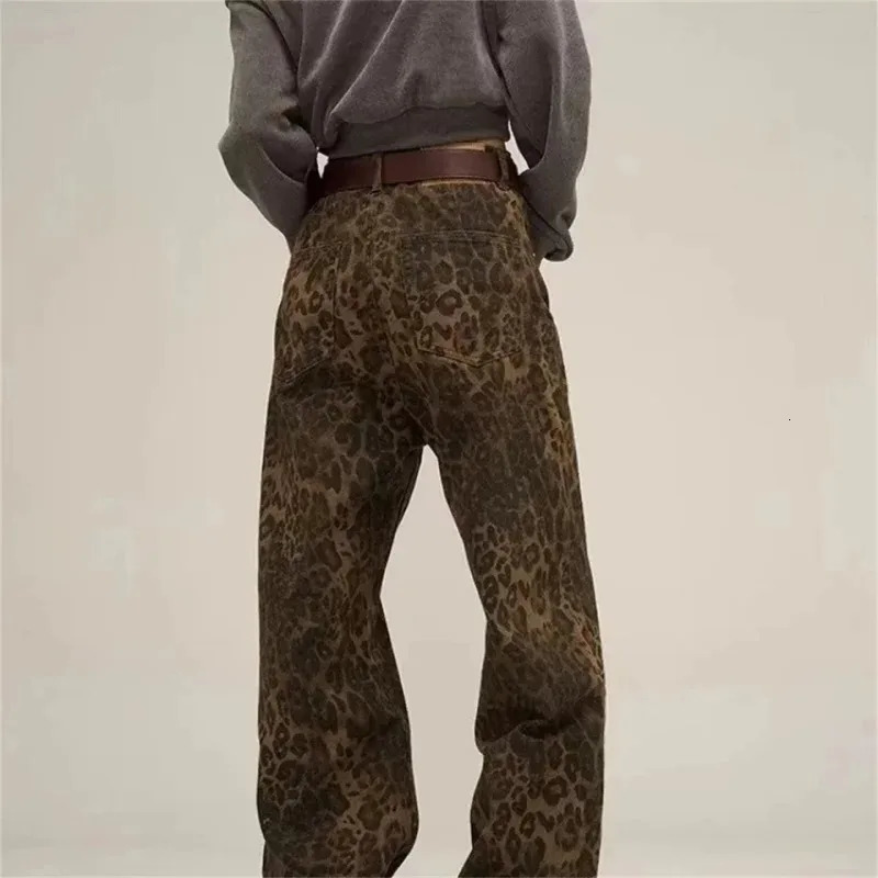 American vintage leopard print jeans female autumn winter n sense small straight tube overalls casual pants Z260313