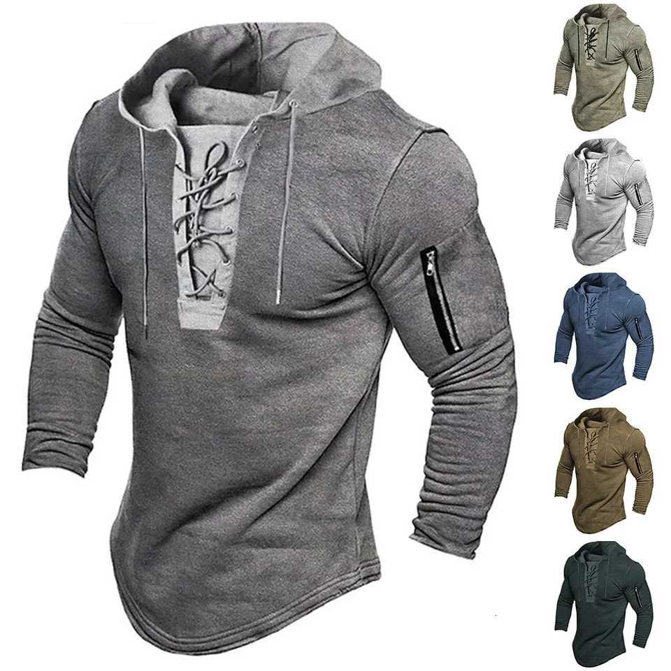Men Pullover Sweatshirt Solid Color LaceUp Casual Zip Comfortable Casual Vacation Sports Hoodie Slight Strech W251106