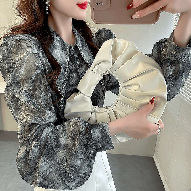 Studded Shiny Silk Chiffon Blouse New Women's Light Luxury Bubble Sleeve Shirt Fairy-like Flowing Top Autumn