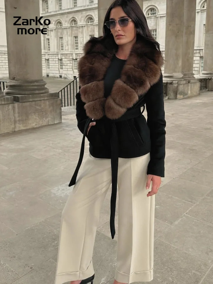 Fashion Fur Spliced Lace Up Woolen Coat Women Lapel Full Sleeve Belt Chic Jacket 2025 Autumn Winter Lady Warm Outwears 251106