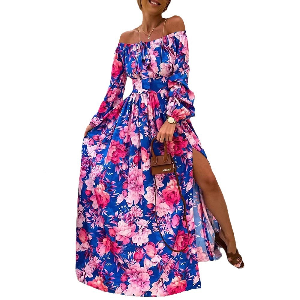 2025 Summer New Bohemian Vacation Style One Collar Large Swing Skirt Fashion Printed Dress