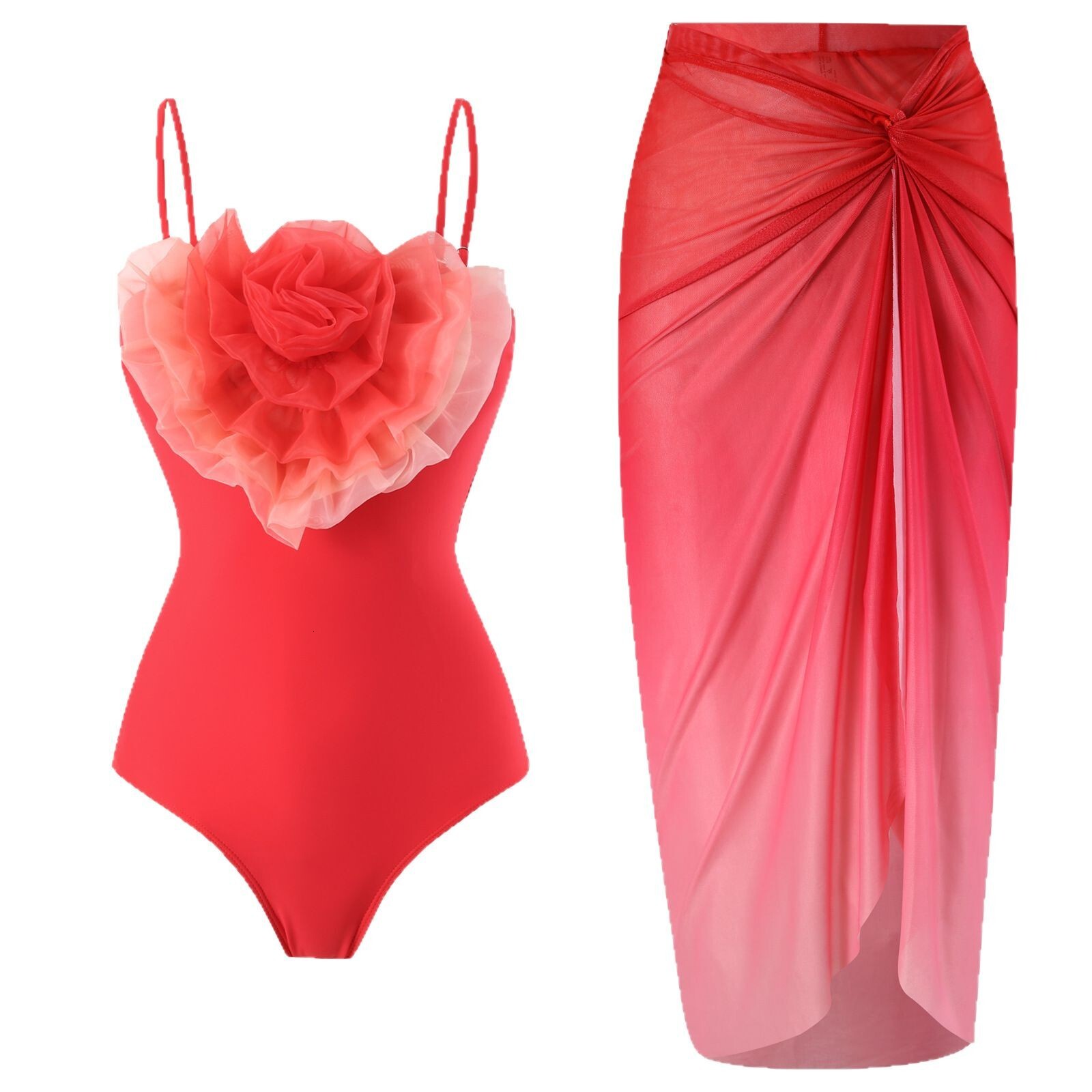 2025 Bohemian style chest flower jumpsuit triangle pants mesh skirt vacation set swimsuit women