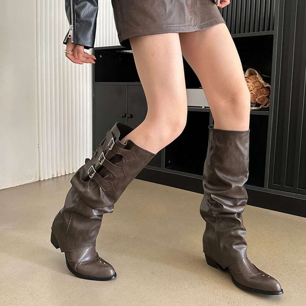 Brand New Quality Wasteland Style Vintage Y2k Detachable Knee High Boots Barrel Maillard Trouser Leg Boot Women Black Shoes