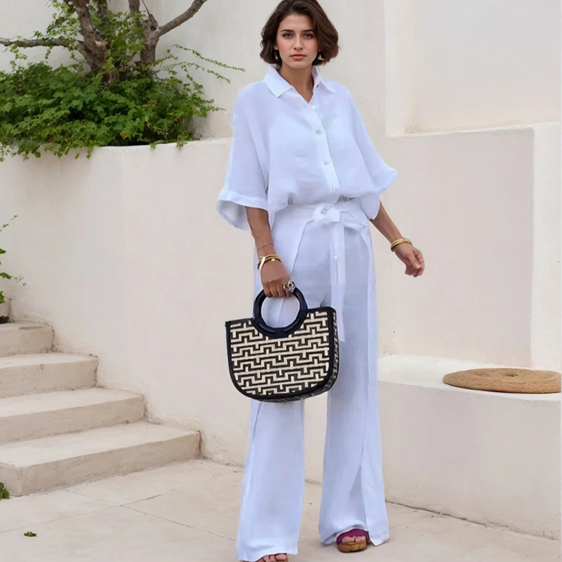 Office ladies shirt and pants twopiece set casual single chest three quarter sleeves top shoulder straps irregular wide leg male servant 250403